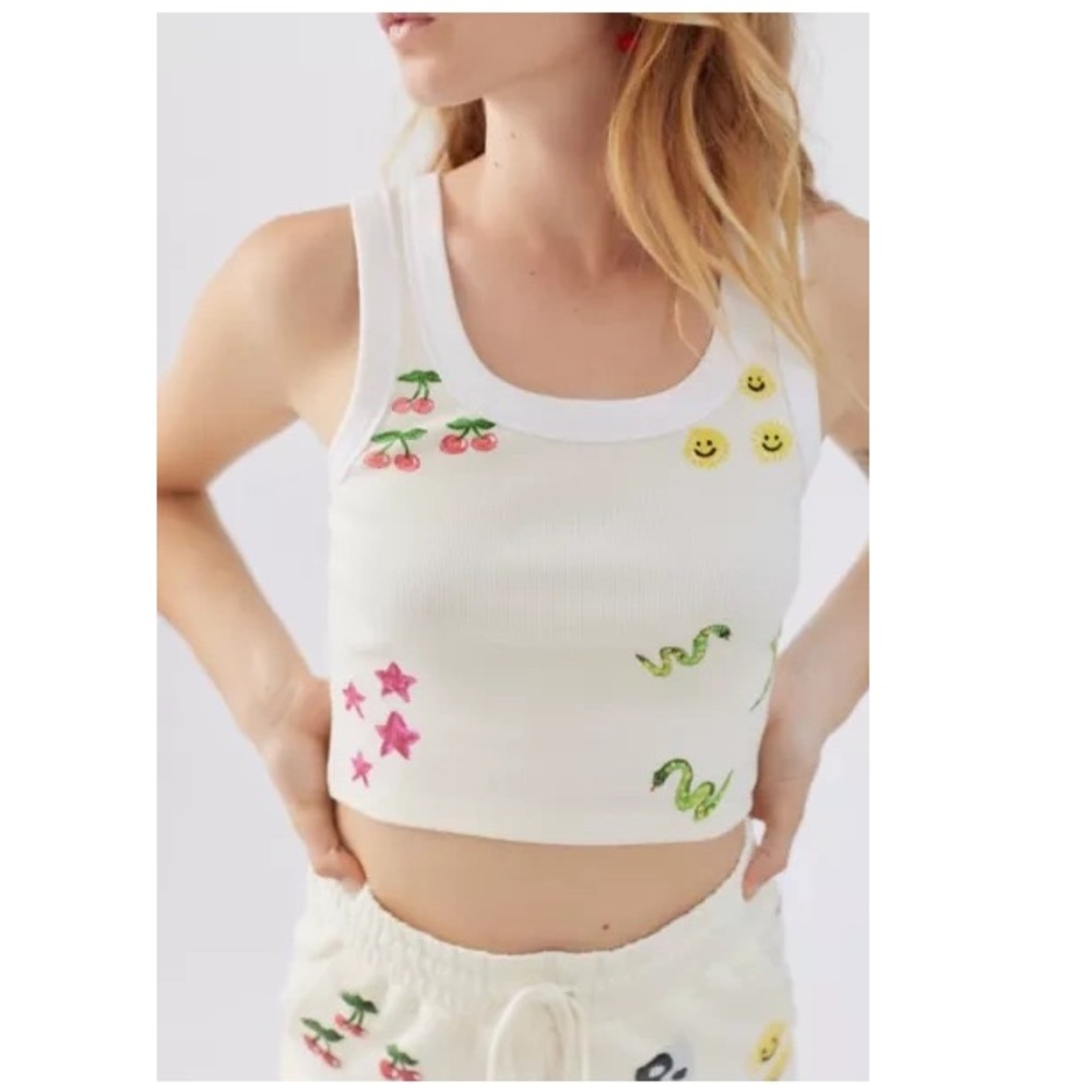 Coney Island Picnic X UO Ribbed Icons Doodle Ribbed White Tank Top Medium